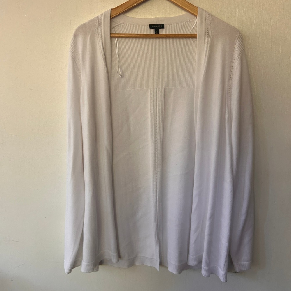 Talbots Cardigan Womens XL White Open Front Ribbed Pointelle Classic Minimalist